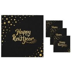 Serwetki papierowe czarne złote gwiazdki Sylwester Nowy Rok dekoracja Happy New Year 10 szt